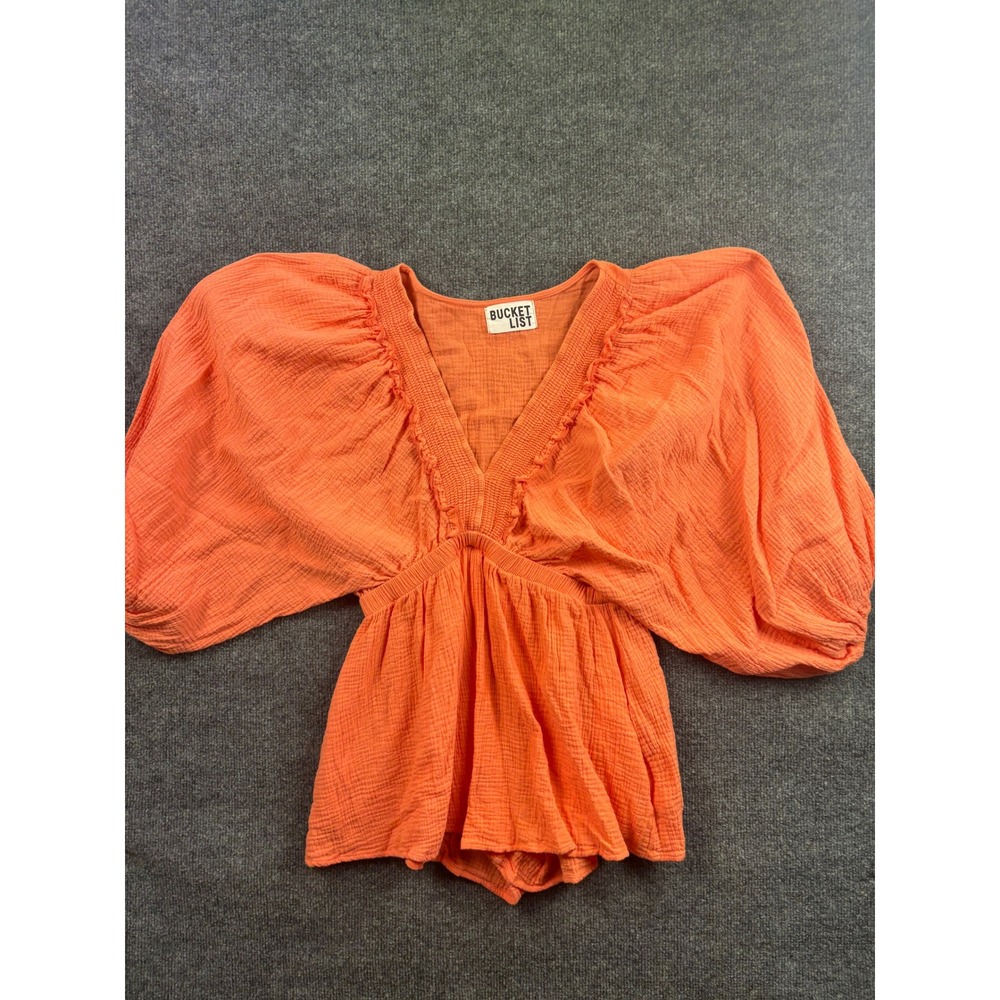 Bucketlist Romper Women Medium Orange Gauze V-Neck Puff Sleeve Jumpsuit R5268D
